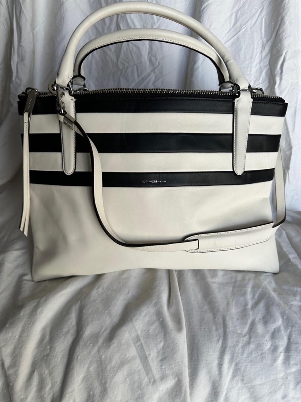 Coach Black & White Striped Leather Satchel with Removable Strap